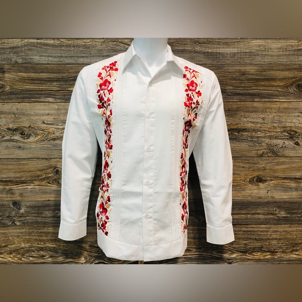Mexican Guayabera Wedding Dress Shirt Red & Gold Flower Embroidery
